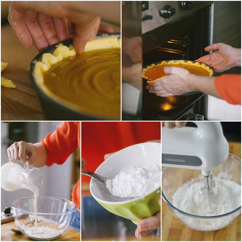 Collage di passaggi: stesura della pasta frolla, cottura in forno e montatura della panna