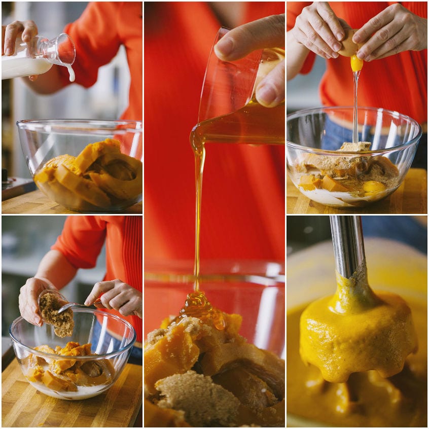Zucca cotta frullata con miele, zucchero di canna e uova fino a ottenere una crema vellutata