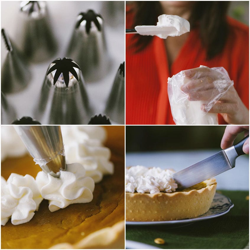 Sac à poche con bocchetta a stella sprizza ciuffi di panna montata sulla pumpkin pie