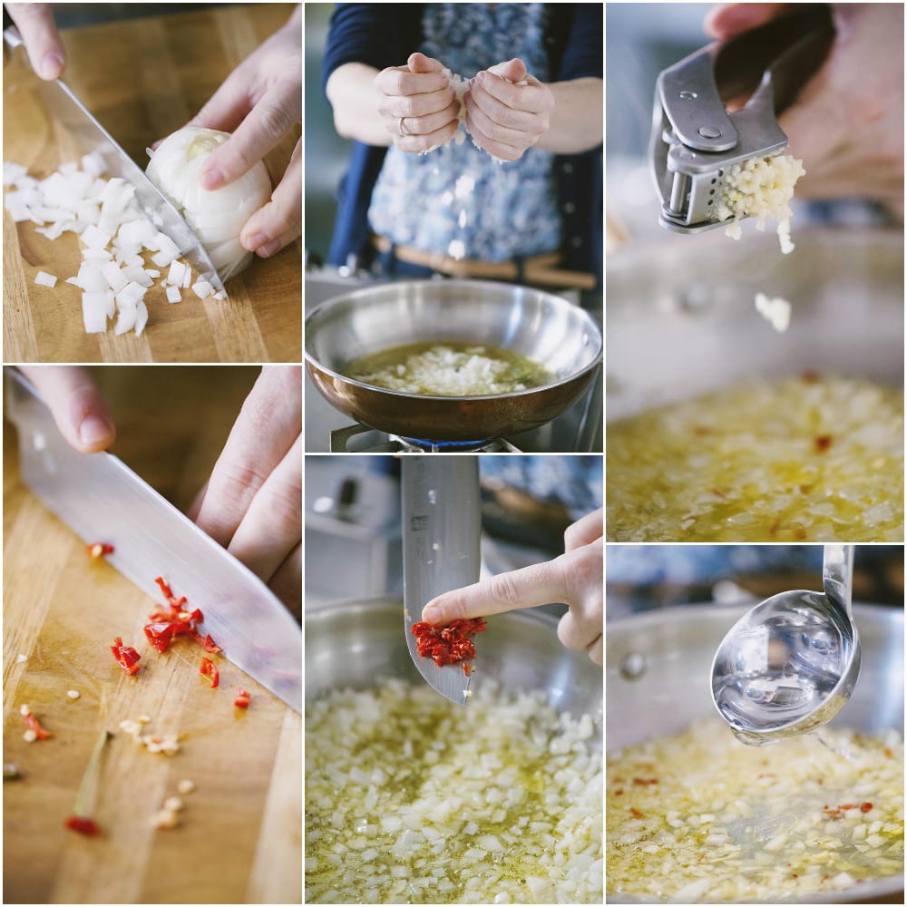 Sequenza di trito di cipolla, aglio e peperoncino versati in tegame con olio per il soffritto