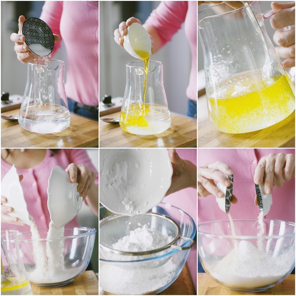 Sale e olio versati in acqua, poi farine setacciate e mescolate in ciotola per l'impasto