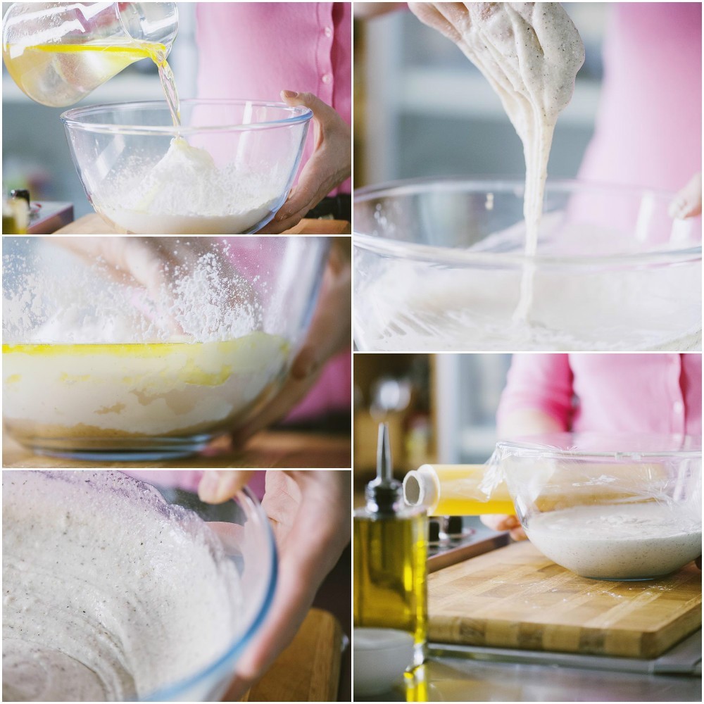 Impasto morbido e appiccicoso per focaccia al grano saraceno che lievita coperto in ciotola