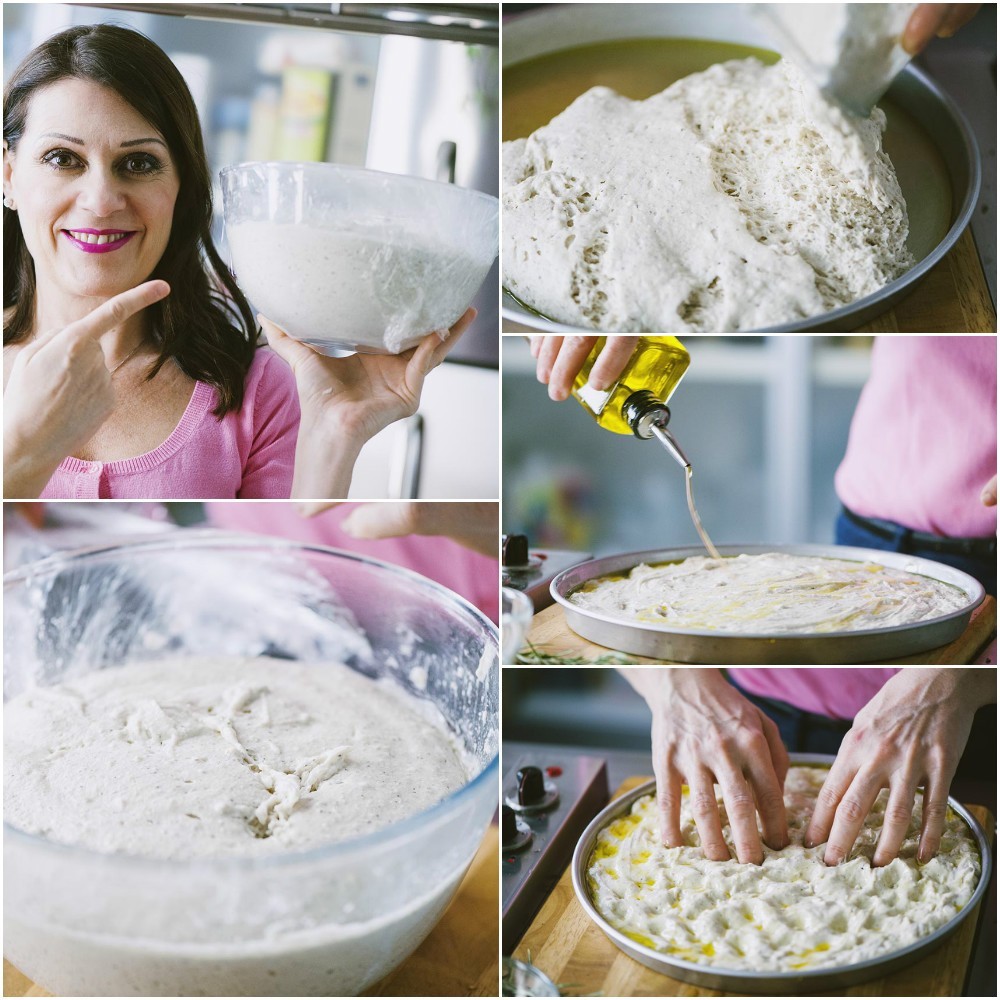 Impasto morbido di focaccia steso in teglia, oliato e pressato con le dita per formare i classici buchetti