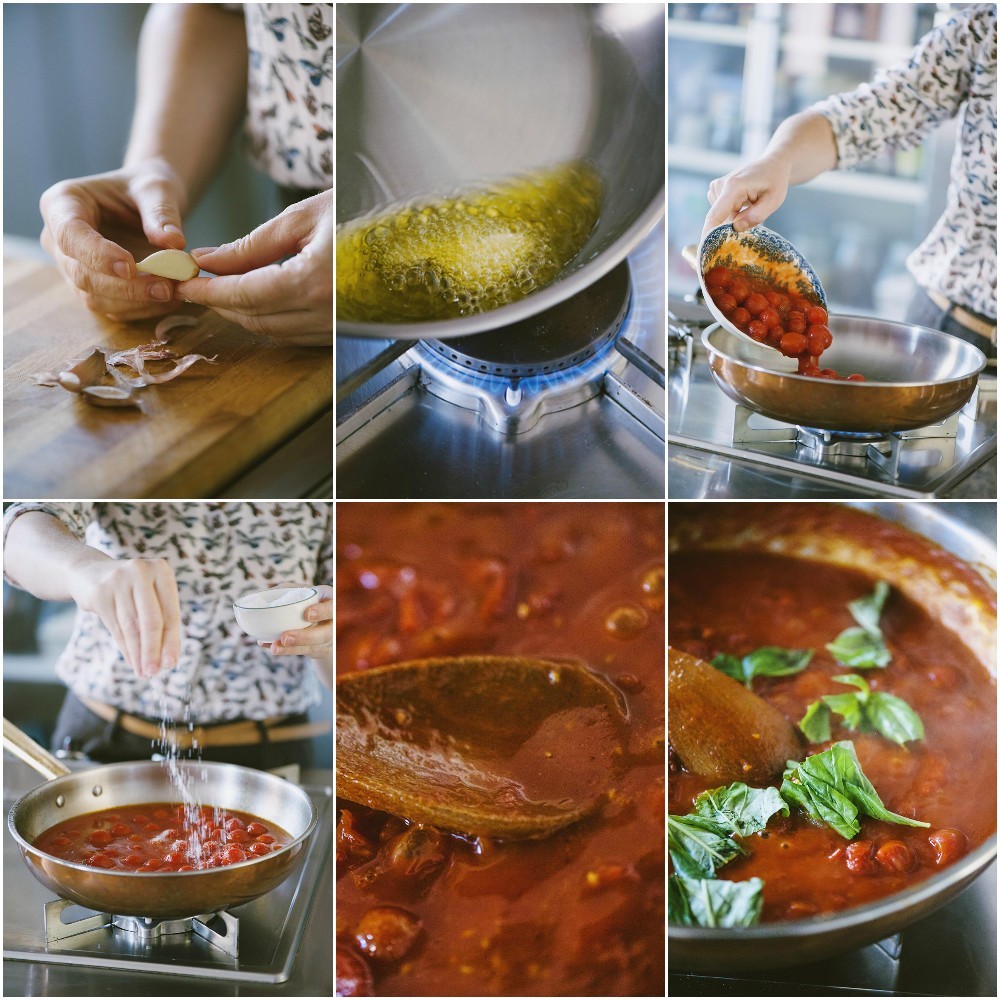 Sugo di pomodoro per gnocchi alla sorrentina che restringe con basilico fresco