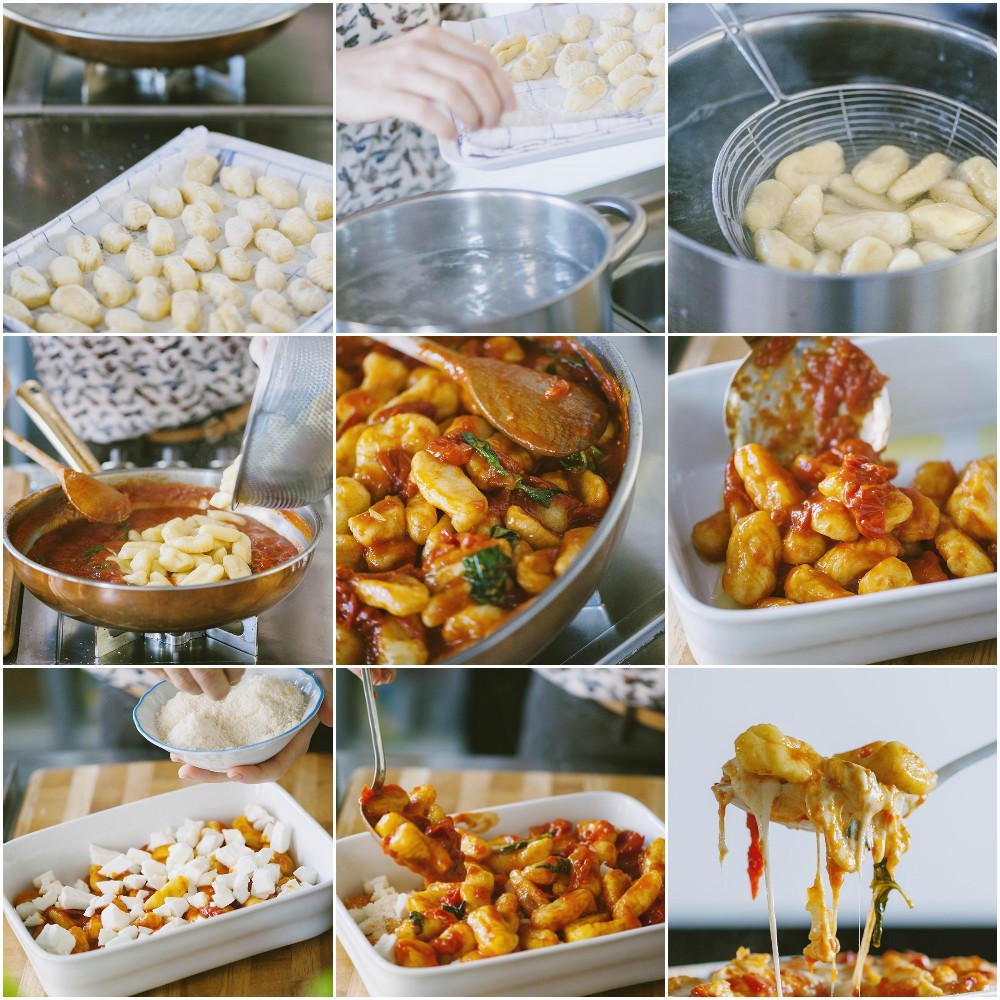 Strati di gnocchi alla sorrentina con cubetti di mozzarella e Parmigiano in pirofila