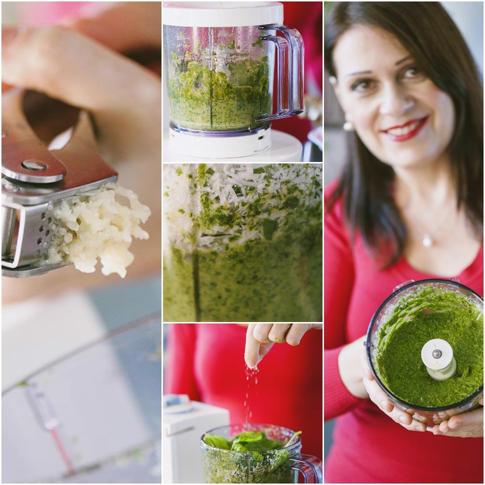 Pesto frullato con aglio, formaggio grattugiato e olio fino a ottenere una crema omogenea