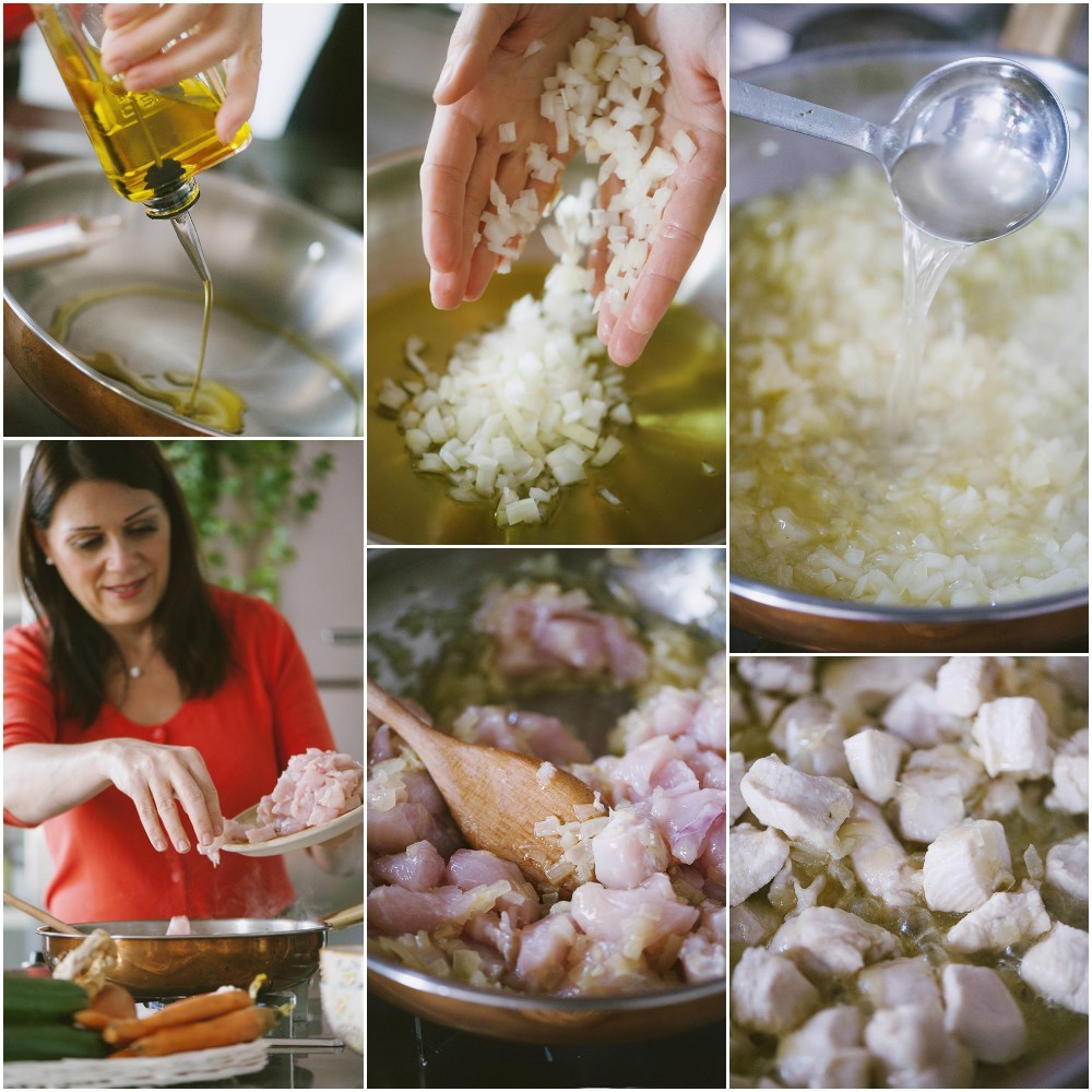 Cipolla tritata che appassisce con olio, poi cubetti di pollo aggiunti e rosolati in padella
