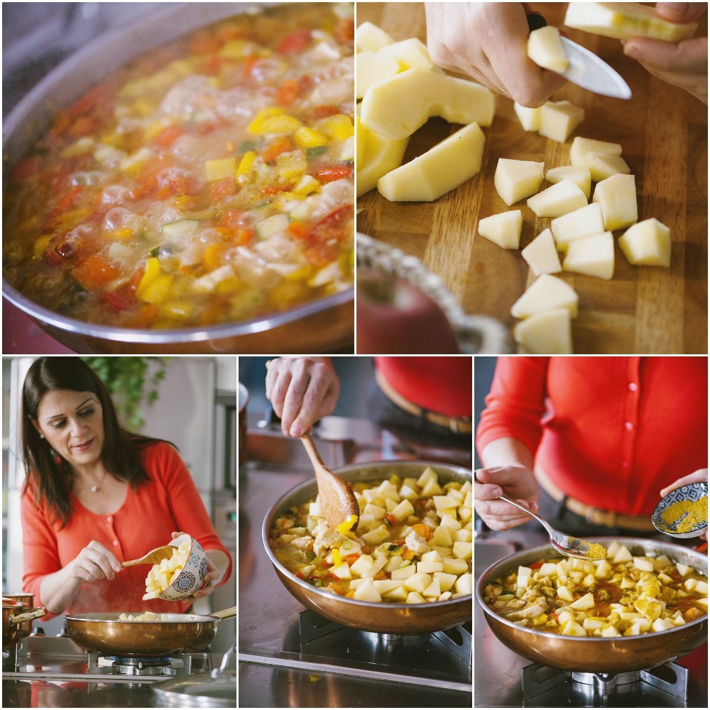 Cubetti di mela aggiunti in padella con pollo al curry e verdure colorate