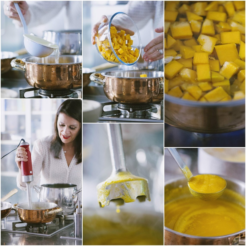 Cubetti di zucca in brodo frullati fino a ottenere una crema liscia e vellutata