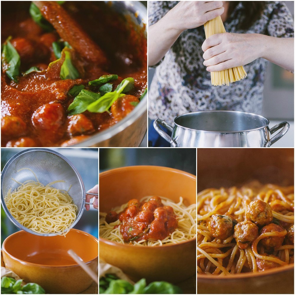 Collage di preparazione: spaghetti scolati e impiattati con polpettine al sugo di pomodoro e basilico