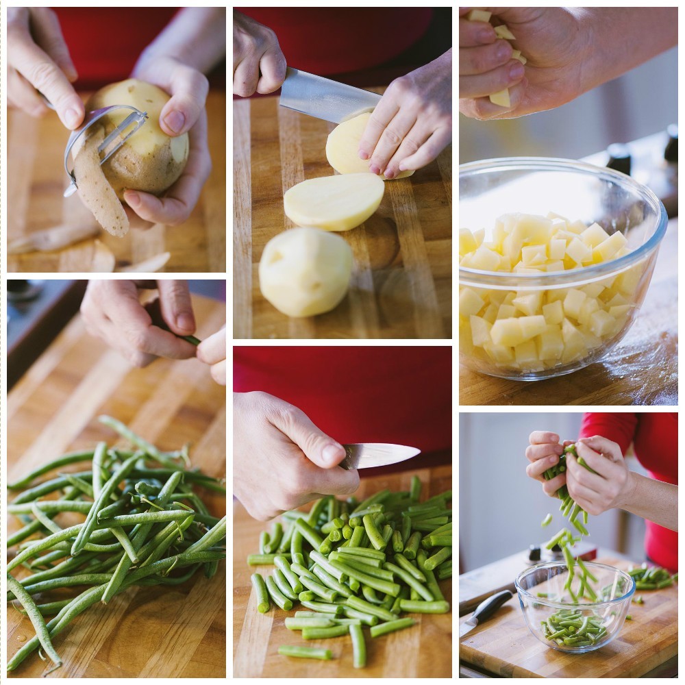 Patate tagliate a cubetti e fagiolini freschi spuntati pronti per la cottura
