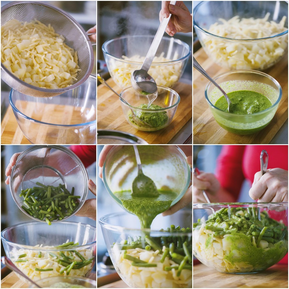 Trofie al pesto con patate e fagiolini mantecate con acqua di cottura in una ciotola