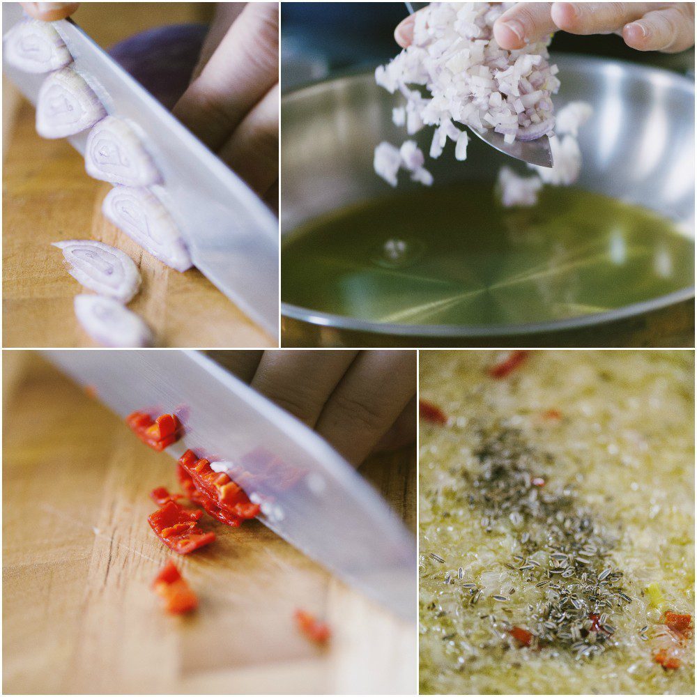 Scalogno affettato e tritato, peperoncino a pezzetti e semi di finocchio uniti in padella con olio