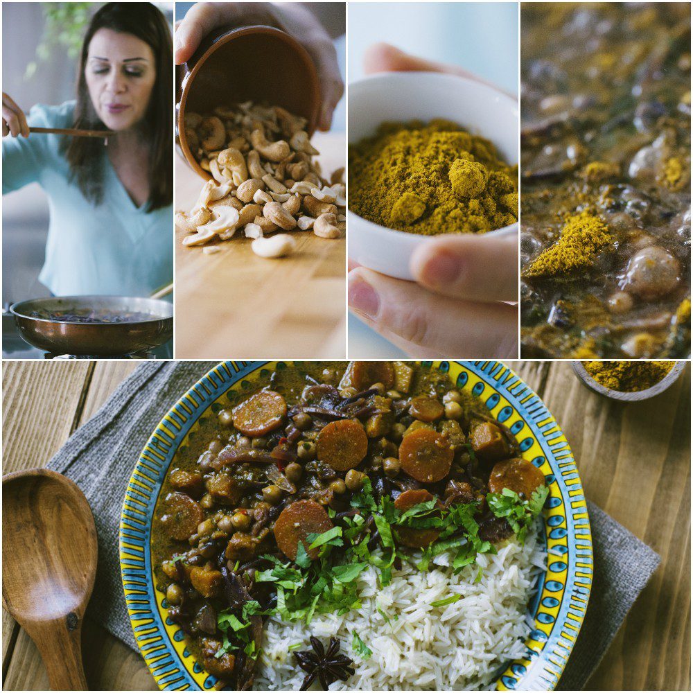 Curry di verdure con ceci, carote e riso basmati guarnito con coriandolo fresco