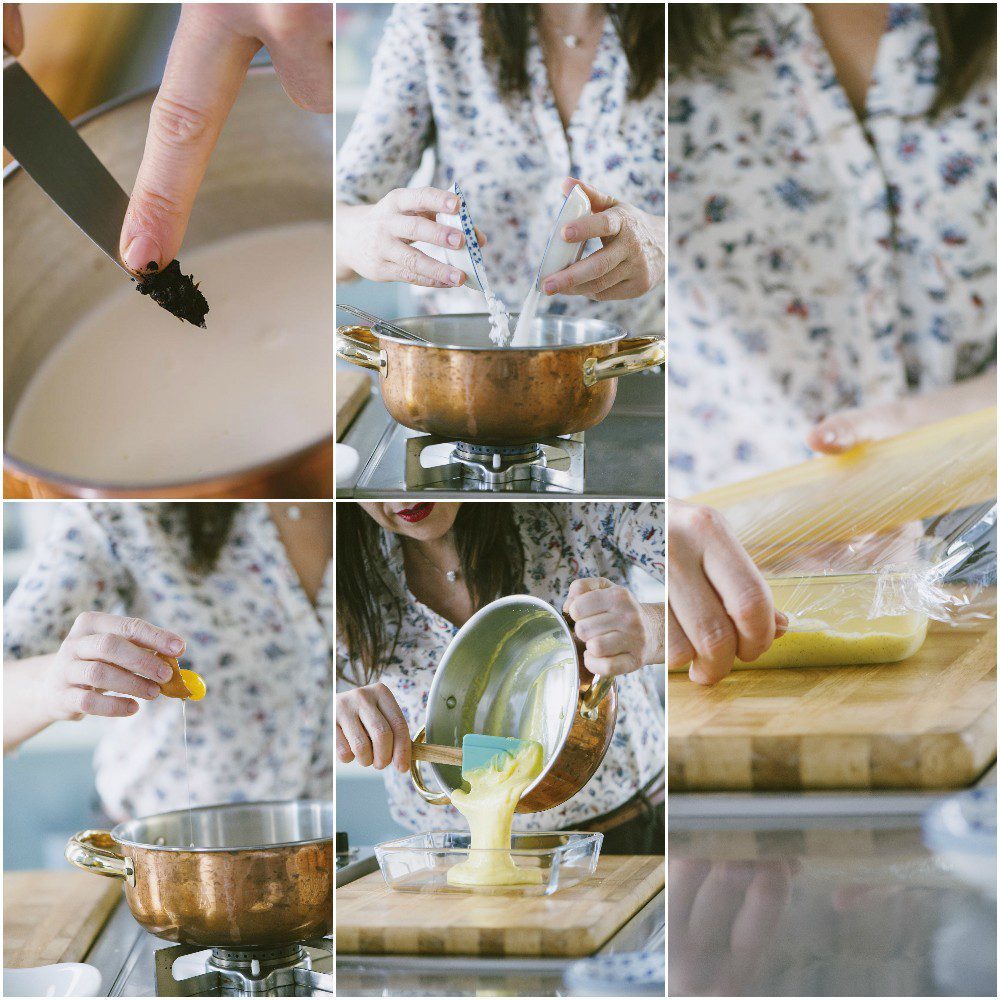 Preparazione della crema pasticcera: semini di vaniglia nel latte, tuorli aggiunti e crema versata in terrina con pellicola