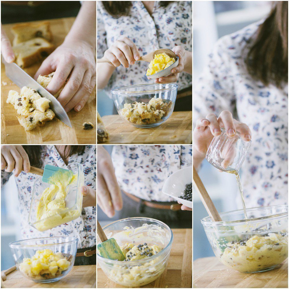 Mani che amalgamano panettone a cubetti, ananas e crema pasticcera in una ciotola