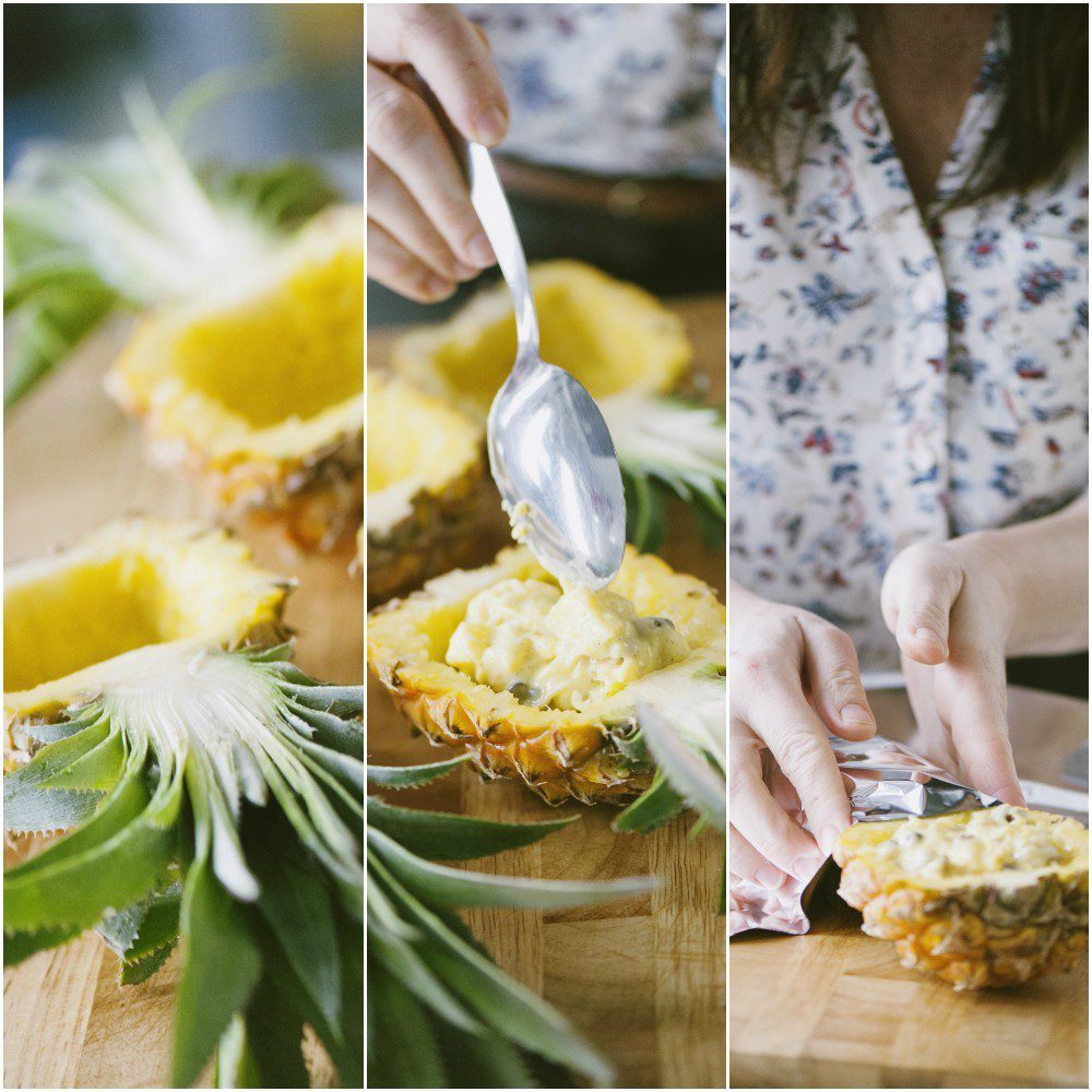 Gusci di ananas baby farciti con crema e foglie avvolte in carta d'alluminio