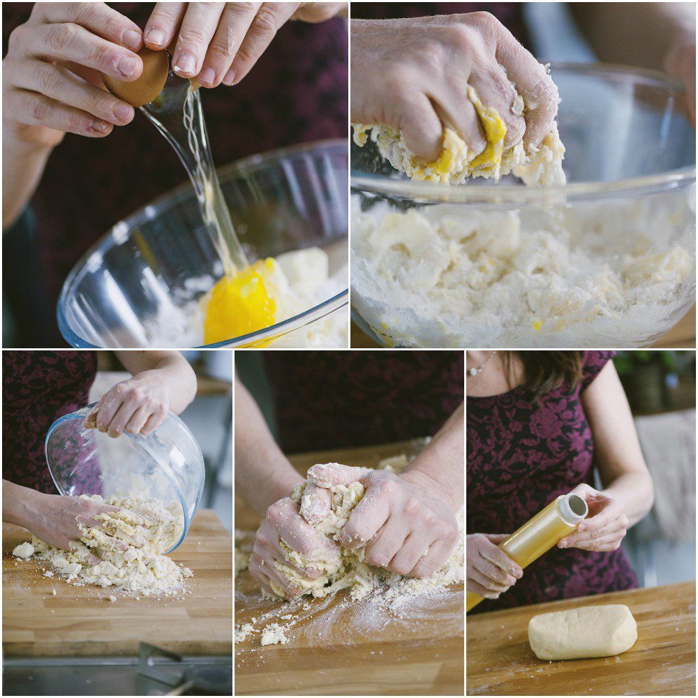 Preparazione della pasta frolla: dall'uovo rotto in ciotola fino all'impasto lavorato a mano sul piano