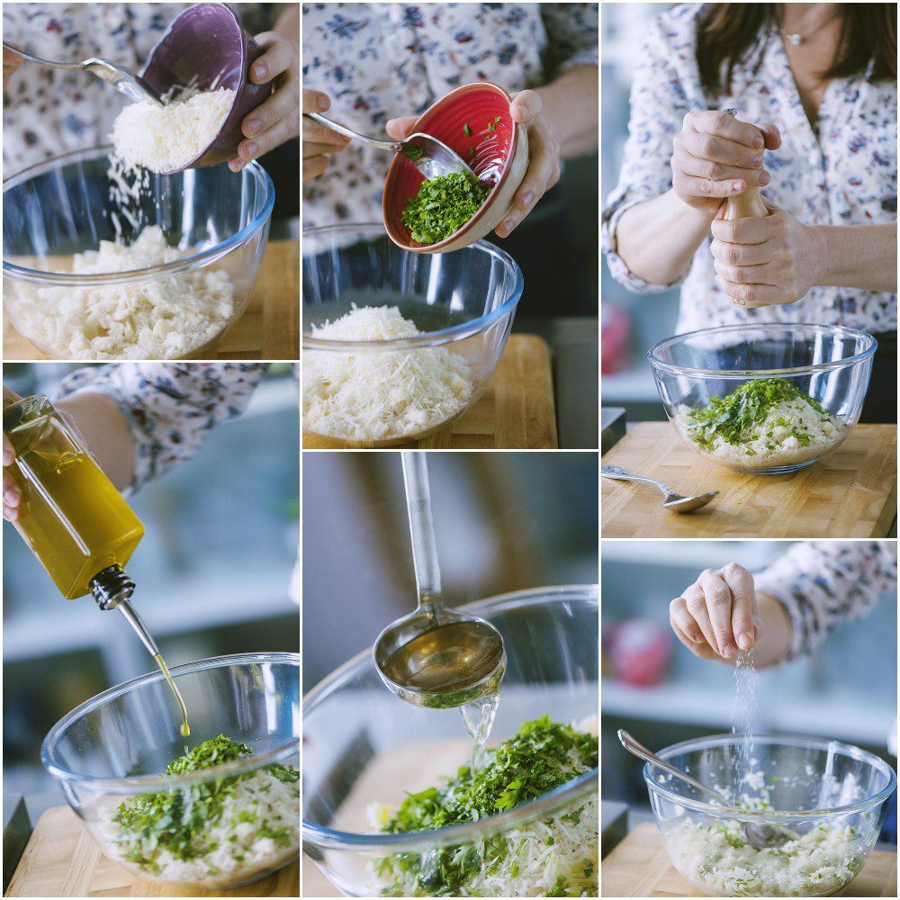 Preparazione del ripieno con mollica, pecorino grattugiato, prezzemolo, olio e acqua di cottura