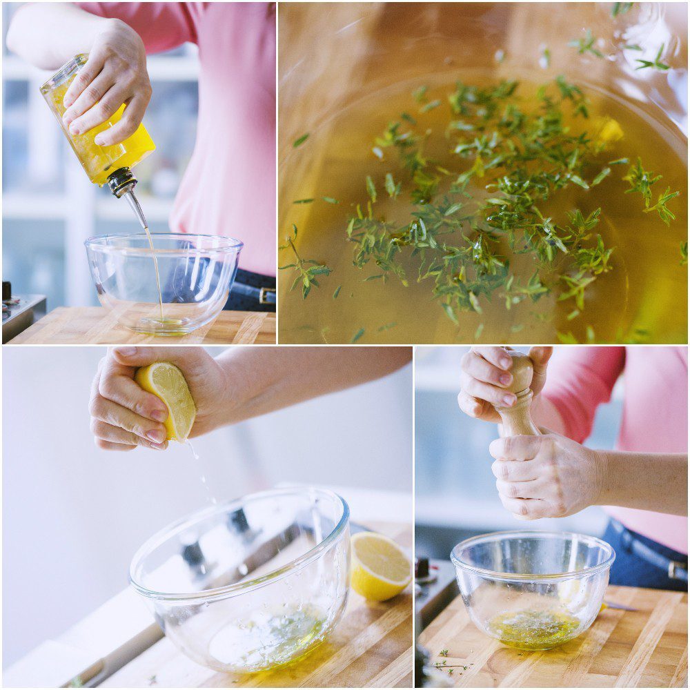 Mani che versano olio, aggiungono timo fresco, spremono limone e mescolano la marinata