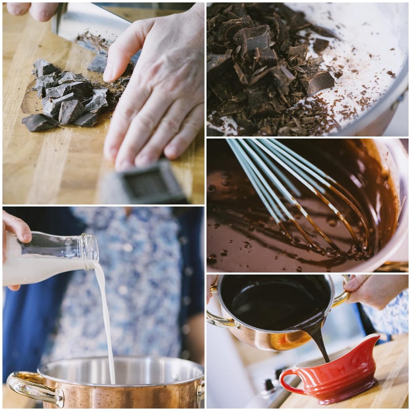 Mani che tritano cioccolato fondente, poi panna versata in pentola e ganache mescolata a frusta