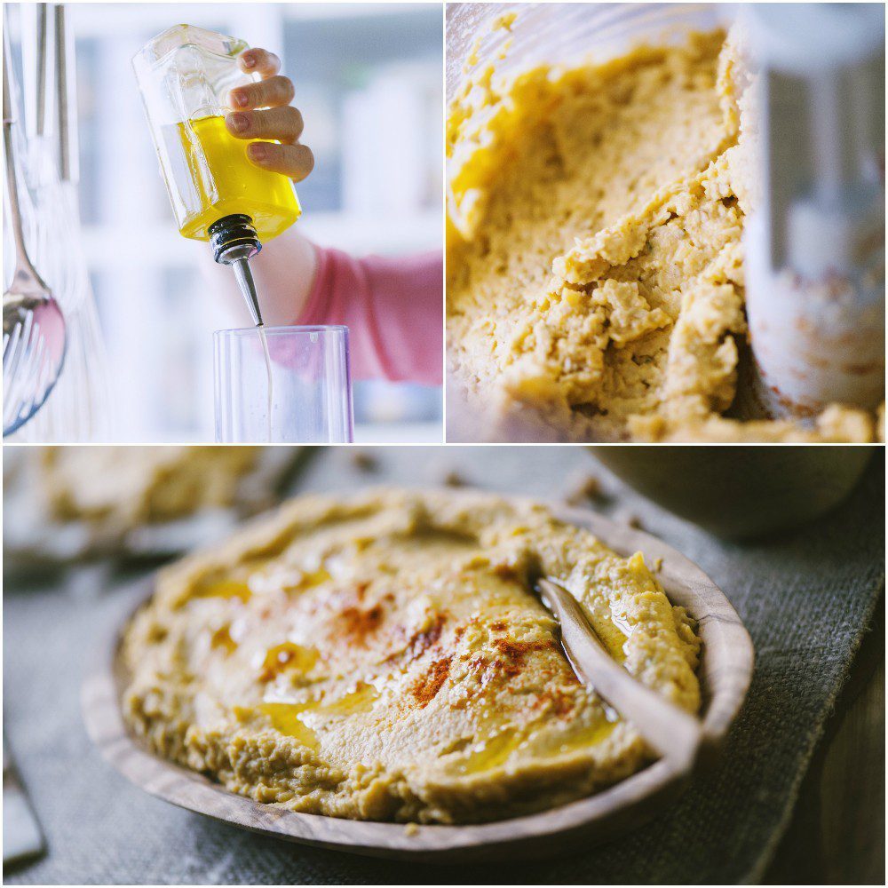 Hummus frullato ancora granuloso nel mixer, poi servito con olio extravergine versato sopra