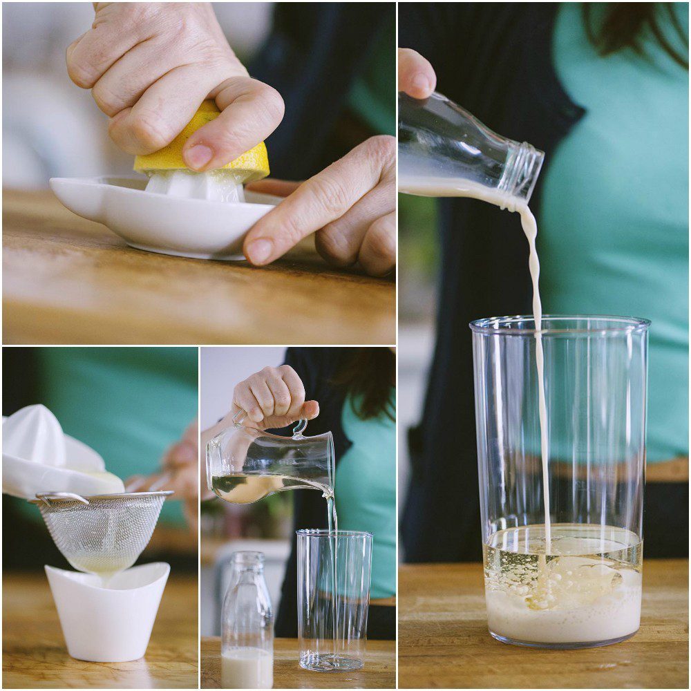Succo di limone filtrato e latte di soia versato nel bicchiere per la maionese vegana