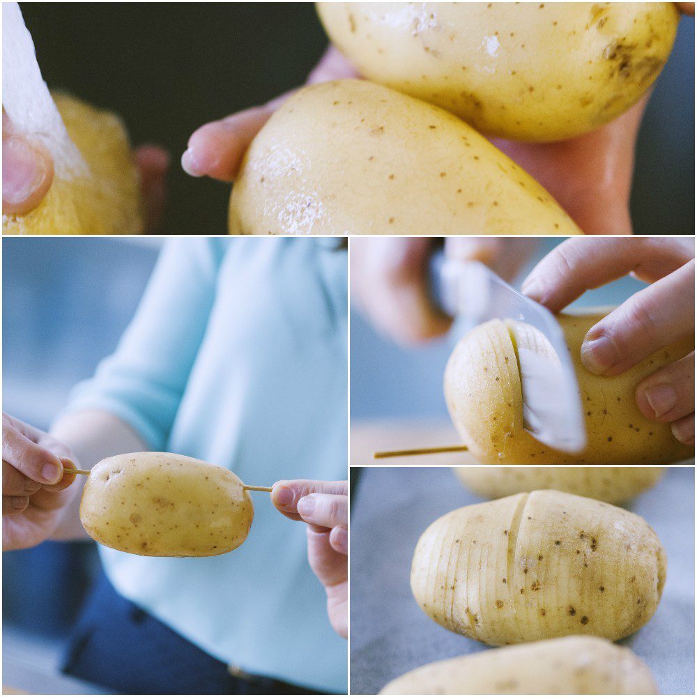 Patate hasselback preparate con stuzzicadenti guida e tagliate a fette sottili senza separare la base
