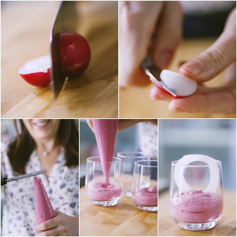 Mousse rosa versata con sac à poche nei bicchieri, poi completata con una fettina di ravanello
