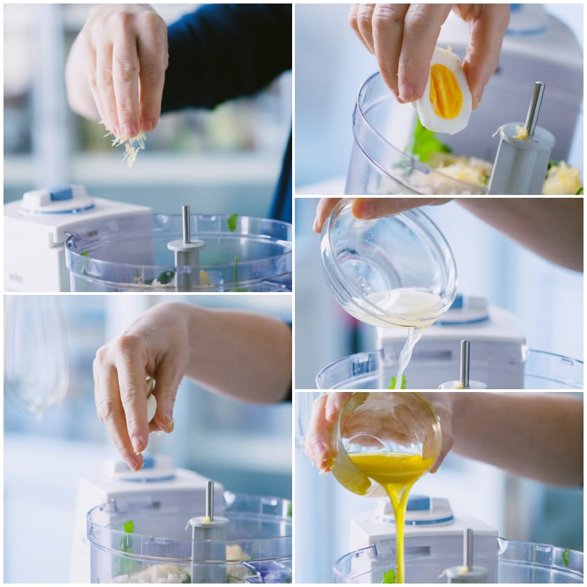 Ingredienti aggiunti uno a uno nel mixer: scorza di limone, uovo sodo, succo e olio