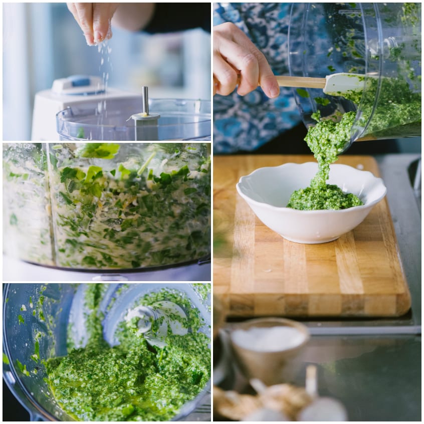 Salsa verde frullata nel cutter e versata in una ciotola con una spatola