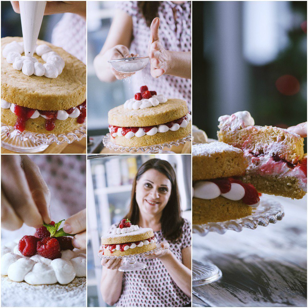 Victoria cake vegana farcita con panna, lamponi e fragole, decorata con zucchero a velo
