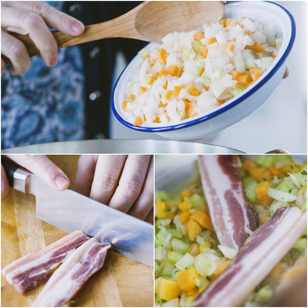 Soffritto di sedano, carota e cipolla tritati con fette di pancetta aggiunte in pentola