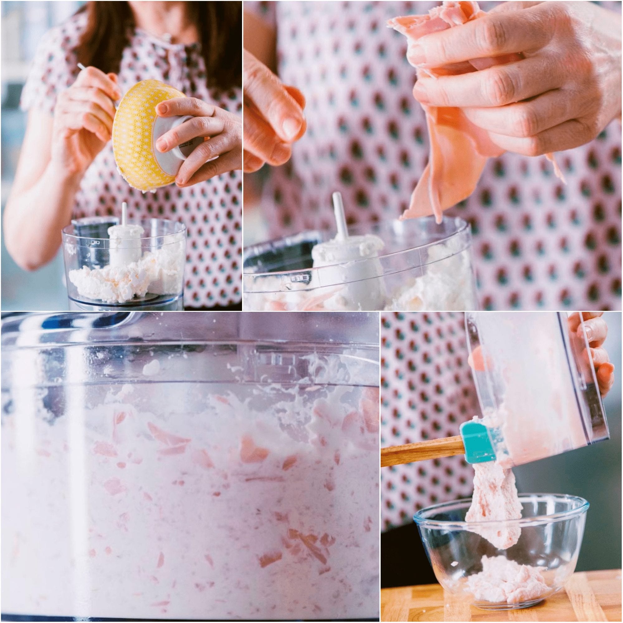 Formaggio e prosciutto frullati insieme fino a ottenere una crema liscia e rosa