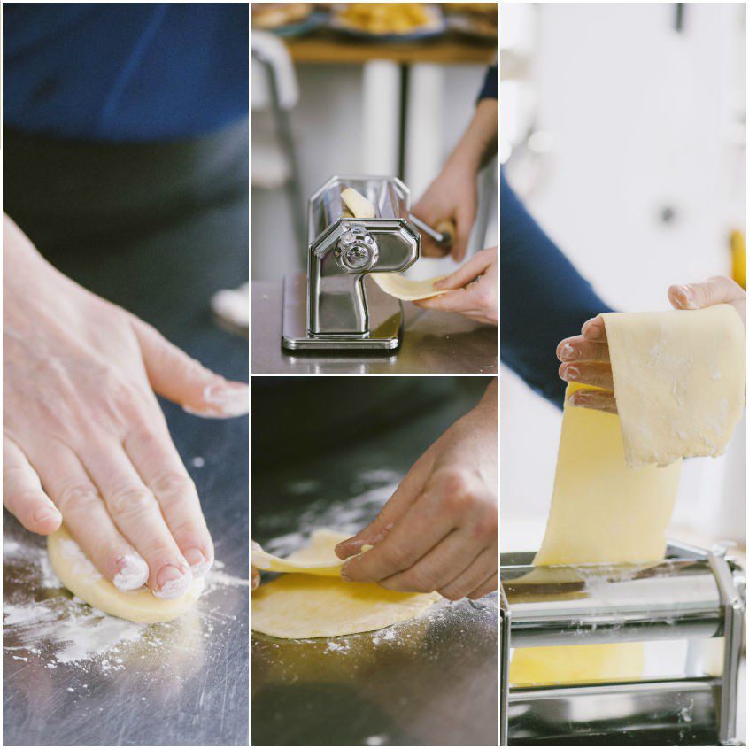Impasto lavorato a mano e passato più volte tra i rulli della macchinetta per ottenere una sfoglia sottile