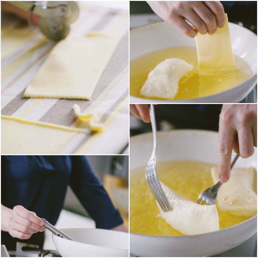 Sfoglie di pasta fritte nell'olio caldo e girate con due forchette fino a doratura