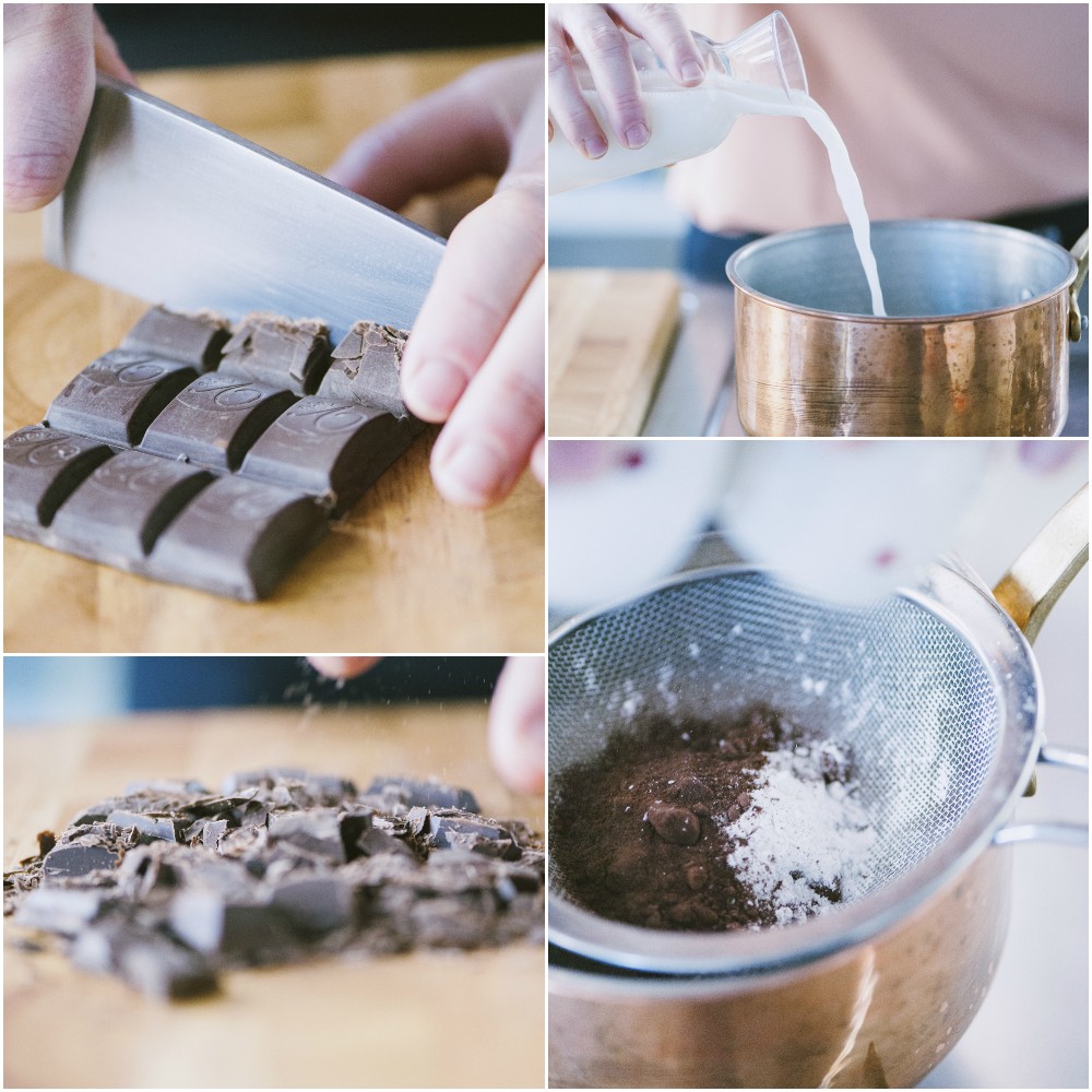 Cioccolato fondente tritato al coltello, latte versato e cacao setacciato con amido di mais