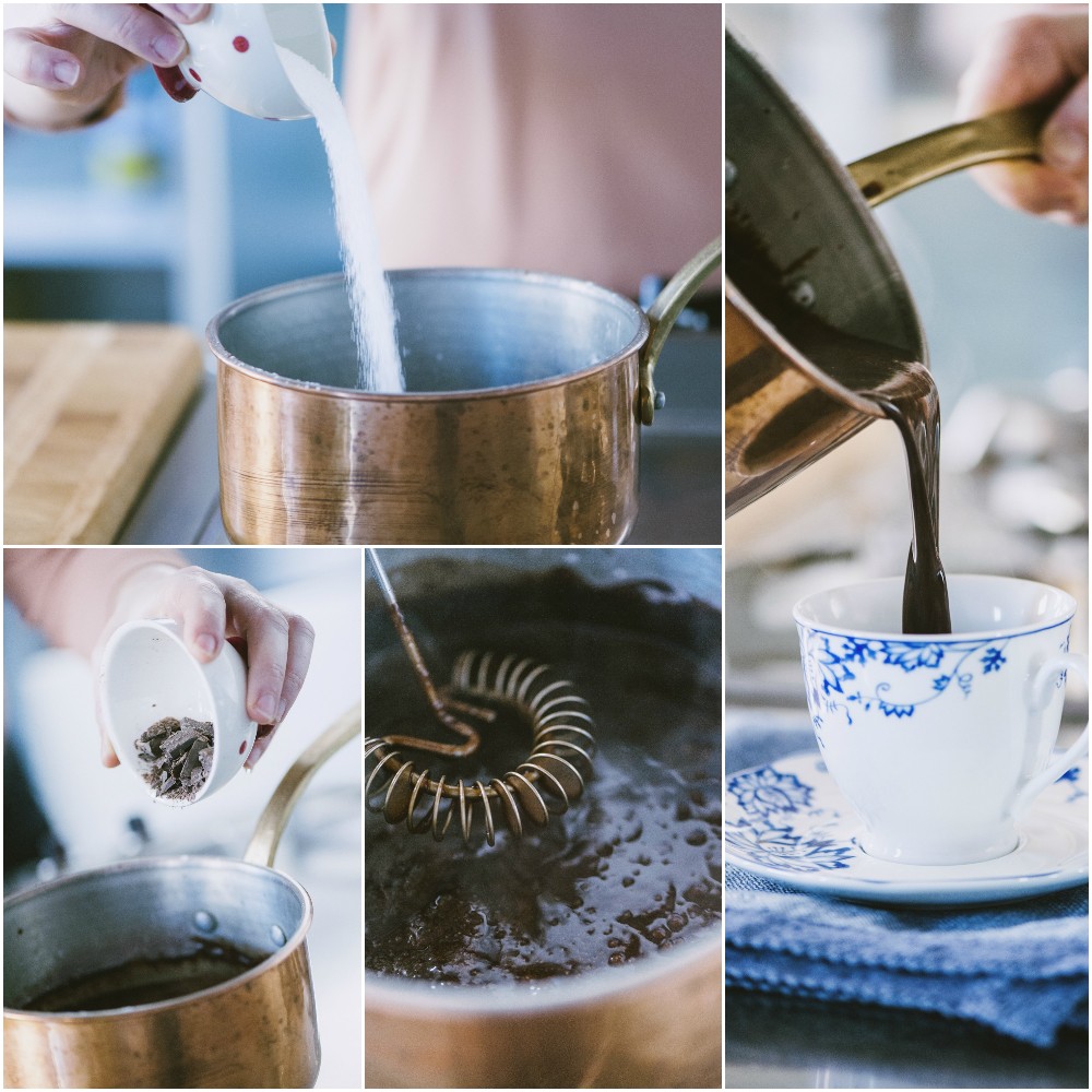 Preparazione della cioccolata calda: zucchero versato in pentola, cioccolato aggiunto, mescolatura e versata in tazza
