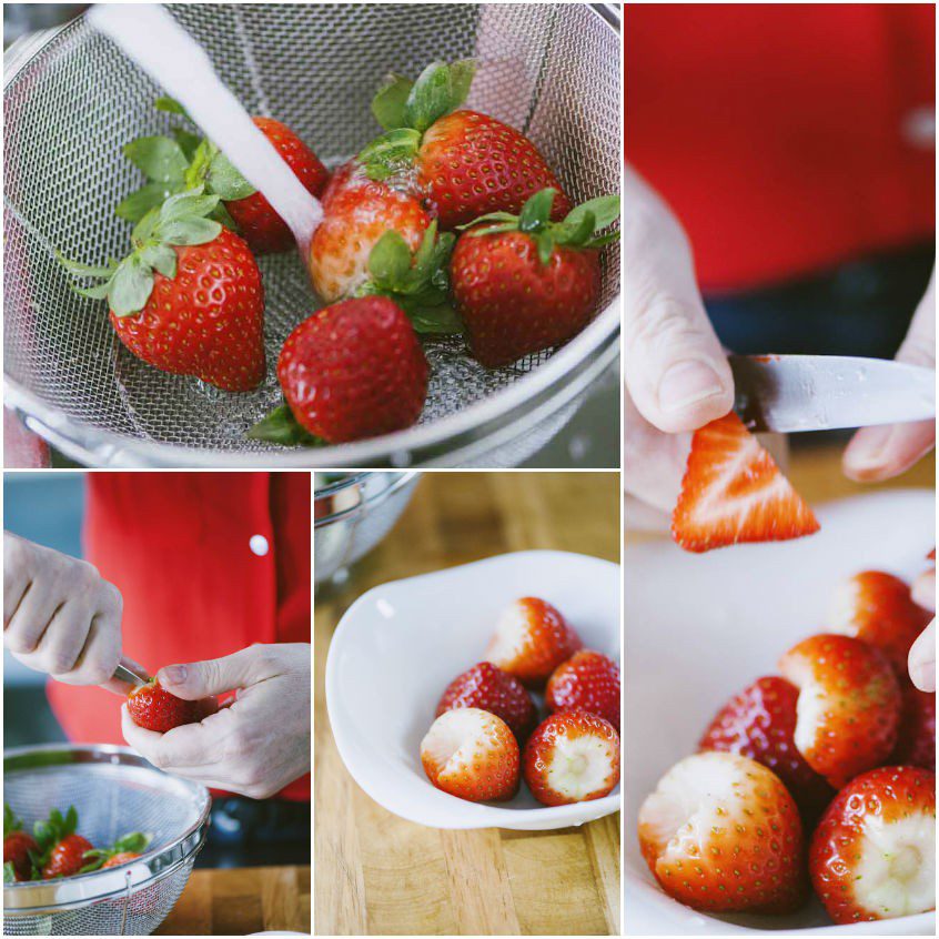 Fragole lavate, private del picciolo e tagliate a pezzi pronti per il milkshake