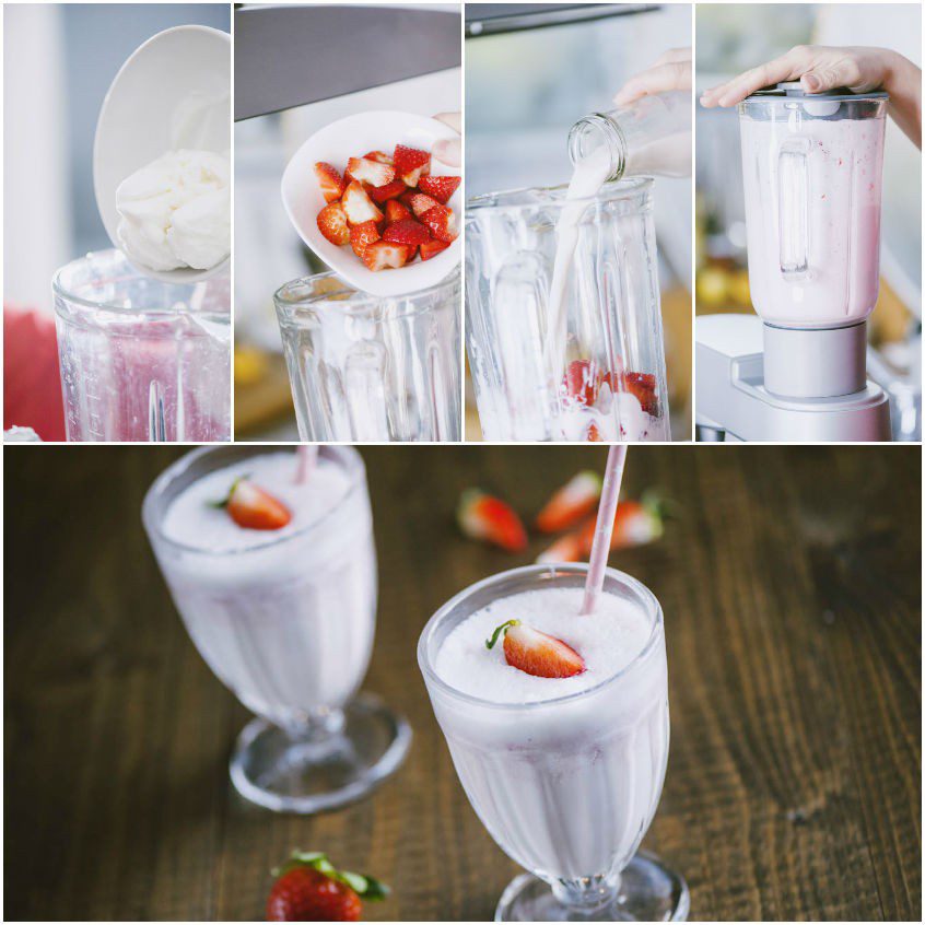 Preparazione del milkshake alla fragola: gelato, fragole a pezzi e latte frullati, poi serviti con una fragola fresca