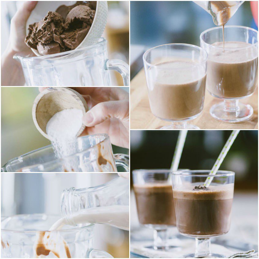 Gelato al cioccolato, zucchero e latte versati nel frullatore per preparare il milkshake