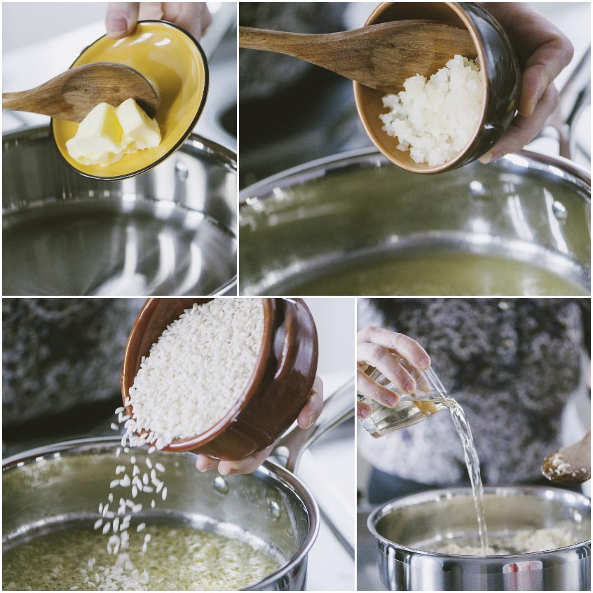 Quattro fasi del risotto alla milanese: burro, cipolla tritata, riso versato e sfumatura con vino bianco