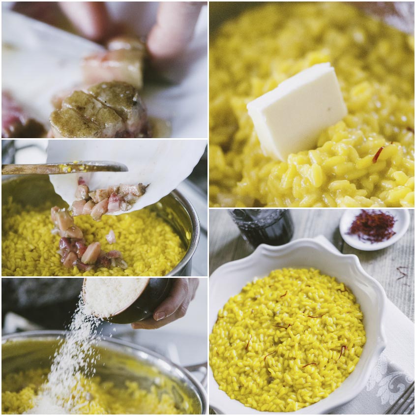 Risotto alla milanese durante la mantecatura con burro freddo e Grana grattugiato versato a pioggia