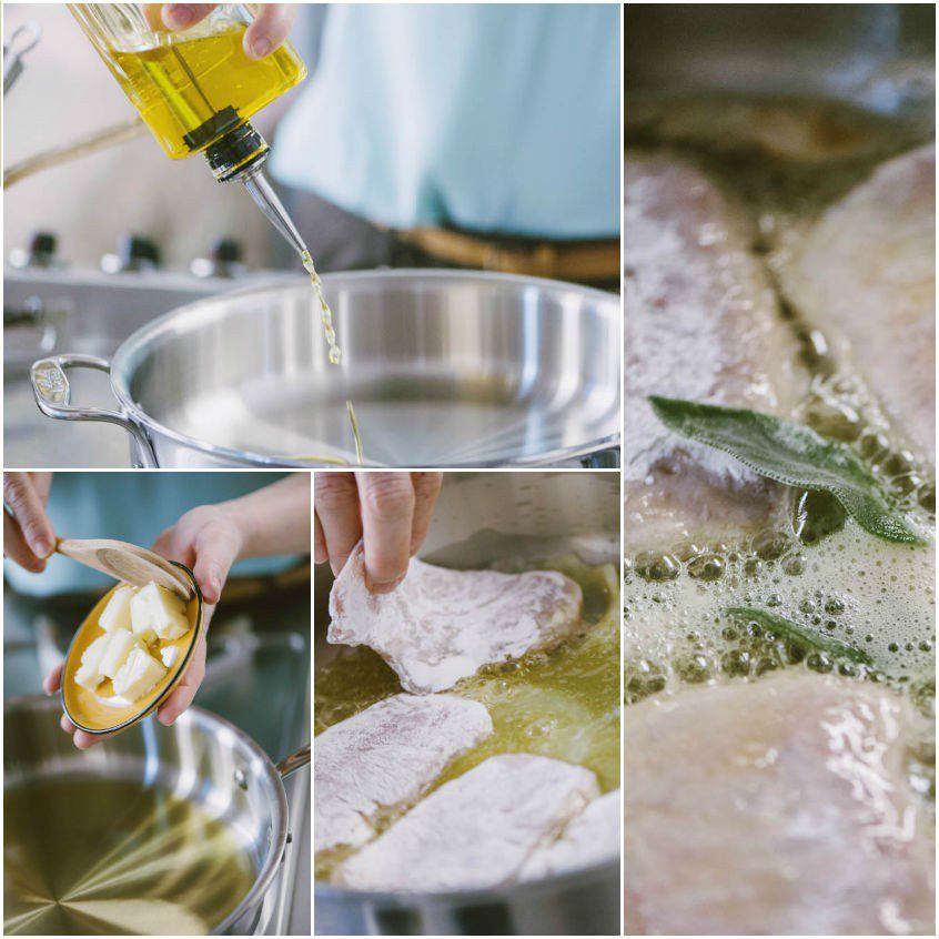 Fettine infarinate adagiate in padella con olio, burro e foglie di salvia