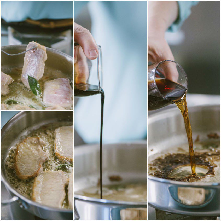 Marsala e aceto balsamico versati in padella con le scaloppine dorate