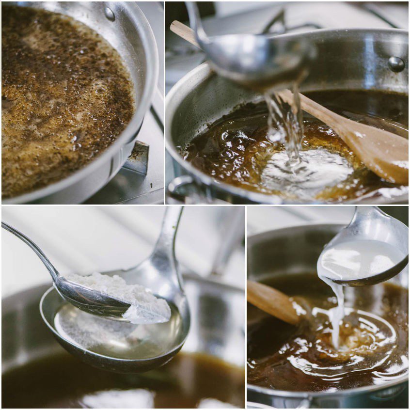 Fondo di cottura deglassato con brodo e amido di mais sciolto in un mestolo