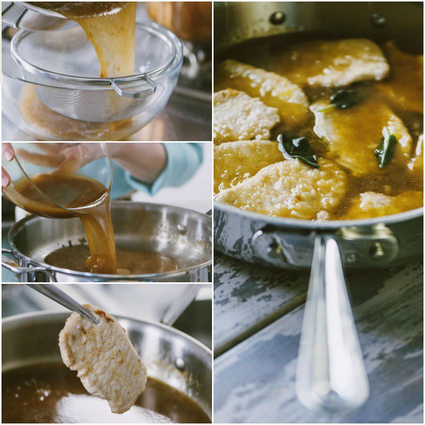 Scaloppine al marsala in cottura nella salsa dorata con foglie di salvia, mentre il sugo viene filtrato e versato in padella