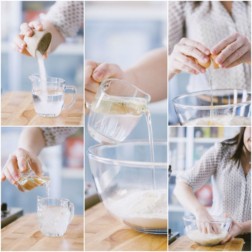 Preparazione dell'impasto per strudel: sale nell'acqua, uovo rotto sulla farina e liquidi versati nella ciotola
