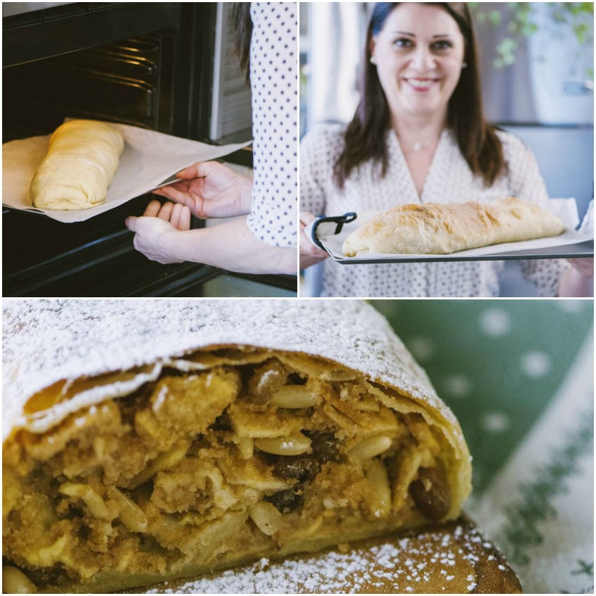 Strudel di mele appena sfornato con superficie dorata, spolverato di zucchero a velo