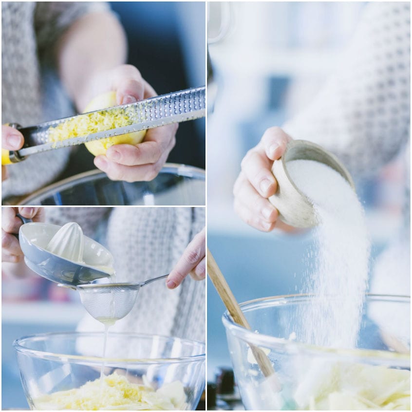 Farcia dello strudel di mele con uvetta, pinoli, cannella e scorza di limone mescolati in ciotola